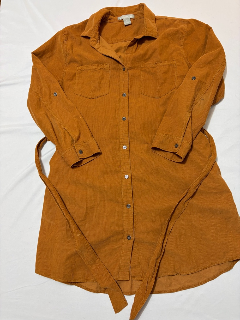 Lucky Corduroy Shirt Dress Women L Camel Brown Belted Roll Tab Sleeve Tunic Fall